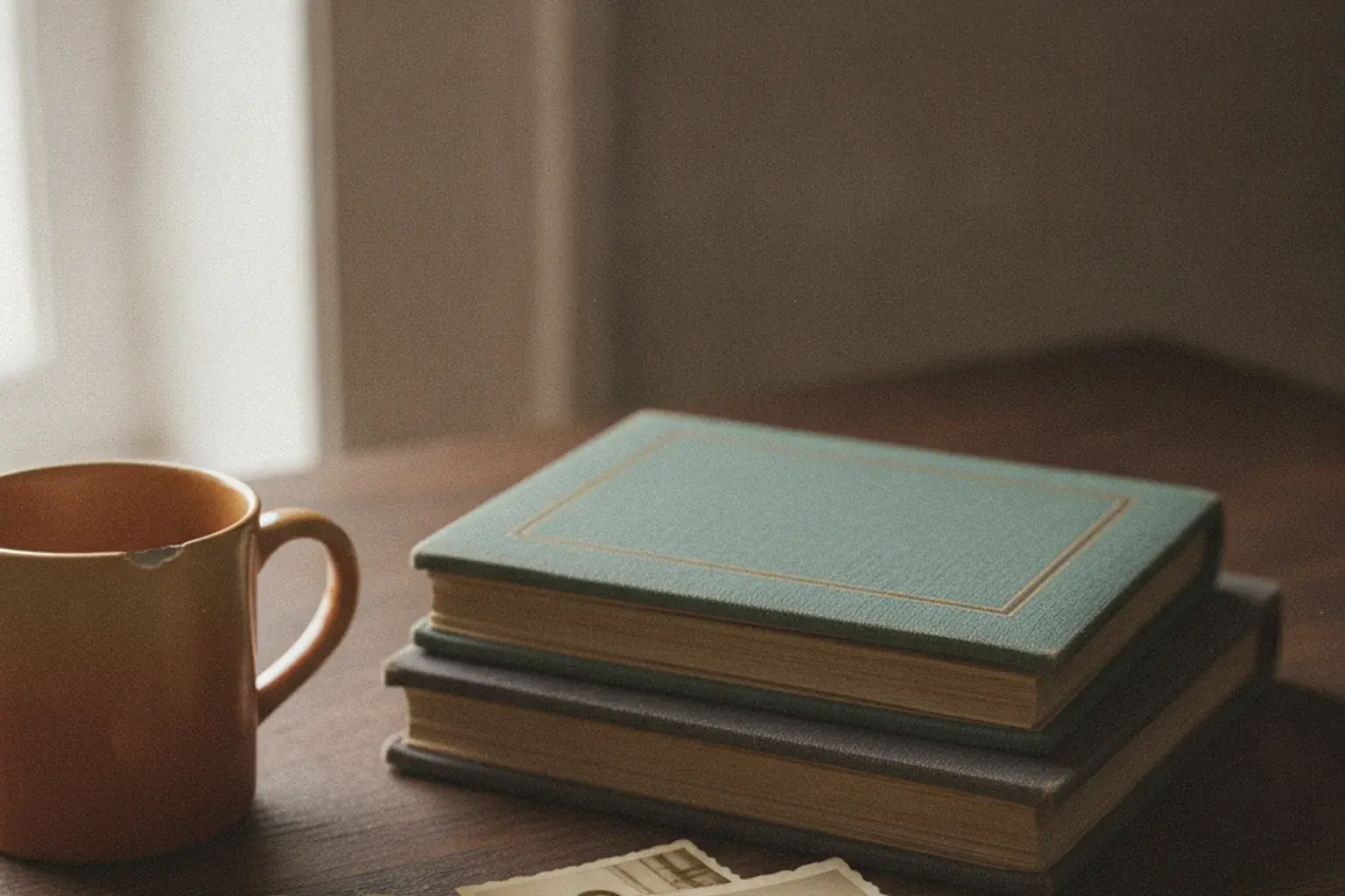 Stapel alter Fotoalben und lose Kinderfotos auf einem Holztisch, daneben eine Tasse