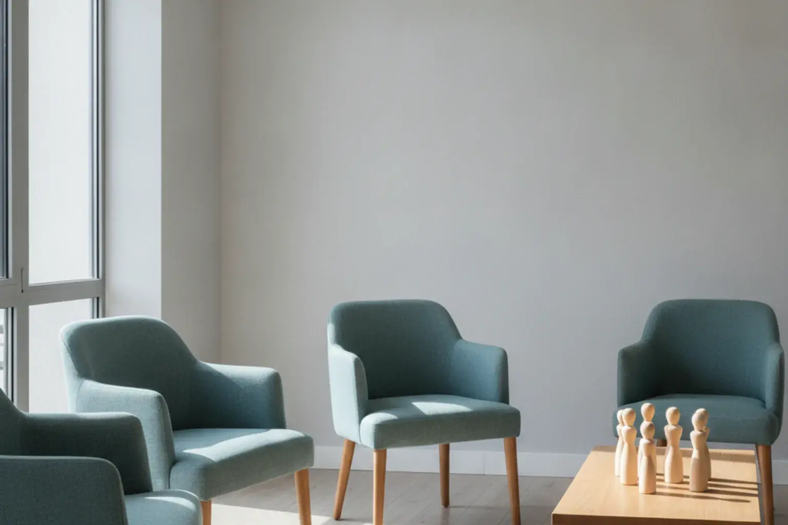 Vier Stühle stehen im Halbkreis in einem hellen Beratungsraum, auf einem Tisch liegen kleine Holzfiguren