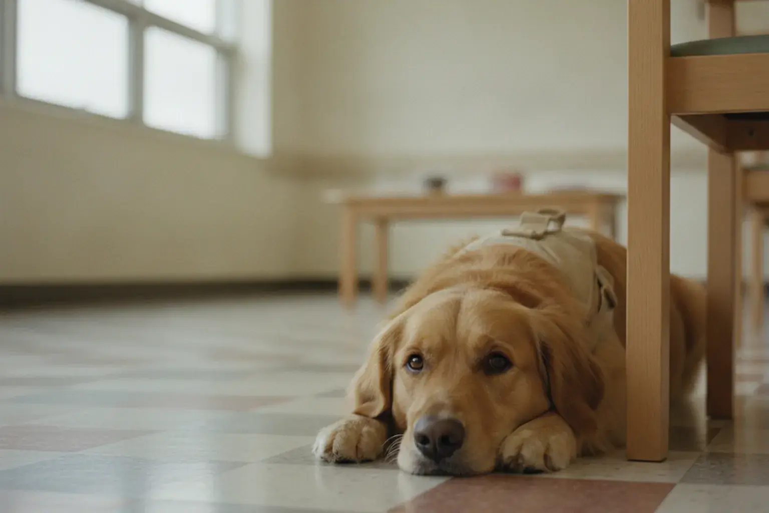 Ein ruhig liegender Hund mit Geschirr auf dem Boden eines hellen Aufenthaltsraums neben einem Stuhl