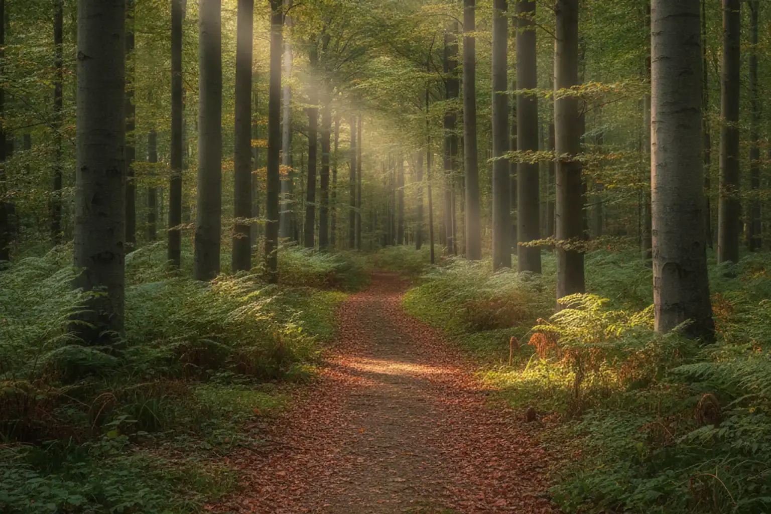 Ein schmaler Waldweg zwischen hohen Buchen, im Hintergrund fällt Sonnenlicht schräg durch die Baumkronen